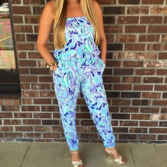 🪻 LILLY PULITZER Emiko Strapless Jumpsuit in Lilly Lilac Nice Ink. SMALL. - Picture 3 of 11